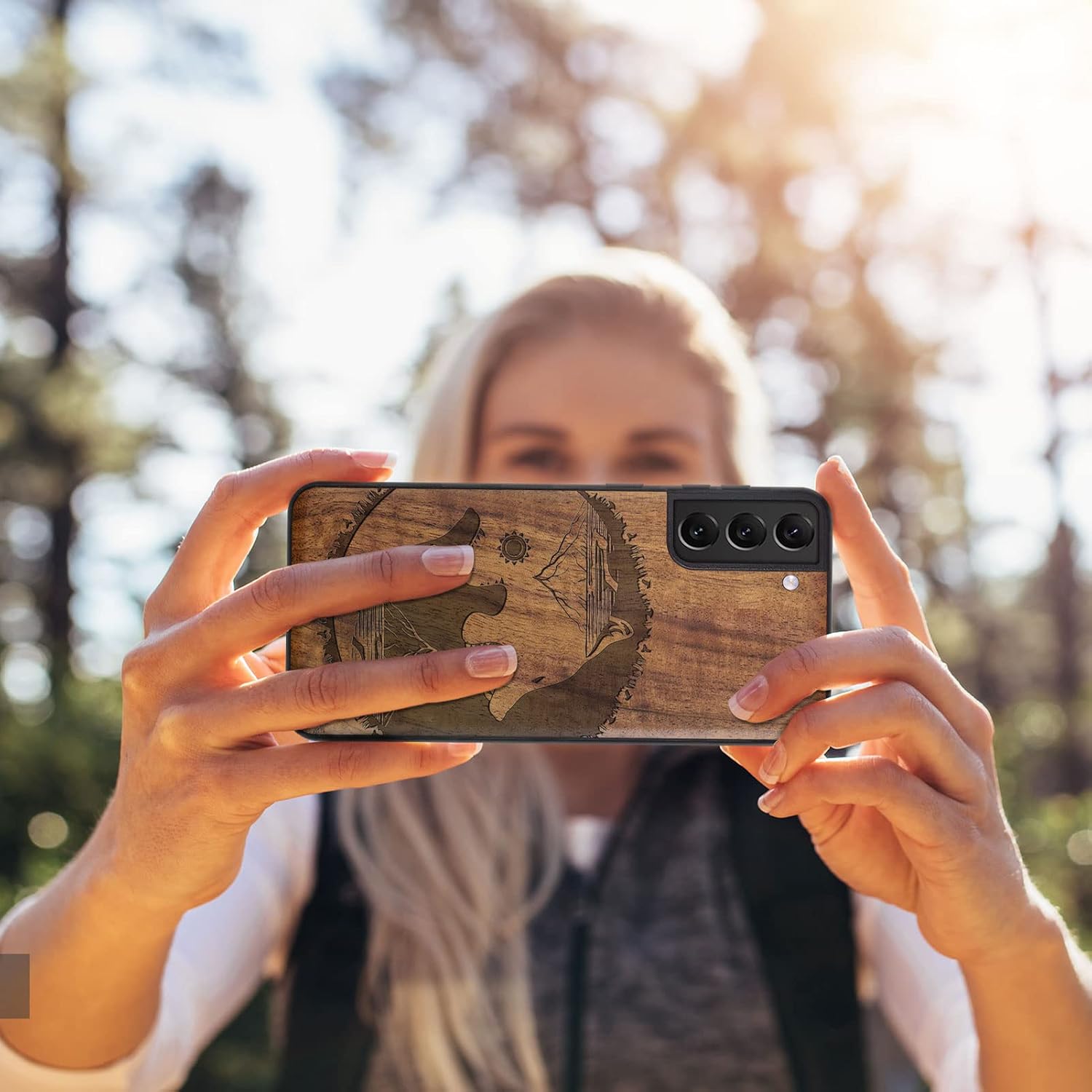 Carveit Wood Case for Galaxy S22 Plus Case [Natural Wood & Black Soft TPU] Shockproof Protective Cover Unique Wooden Design Compatible with S22 Plus (Yin Yang-Wolf-Tai Chi-Walnut)