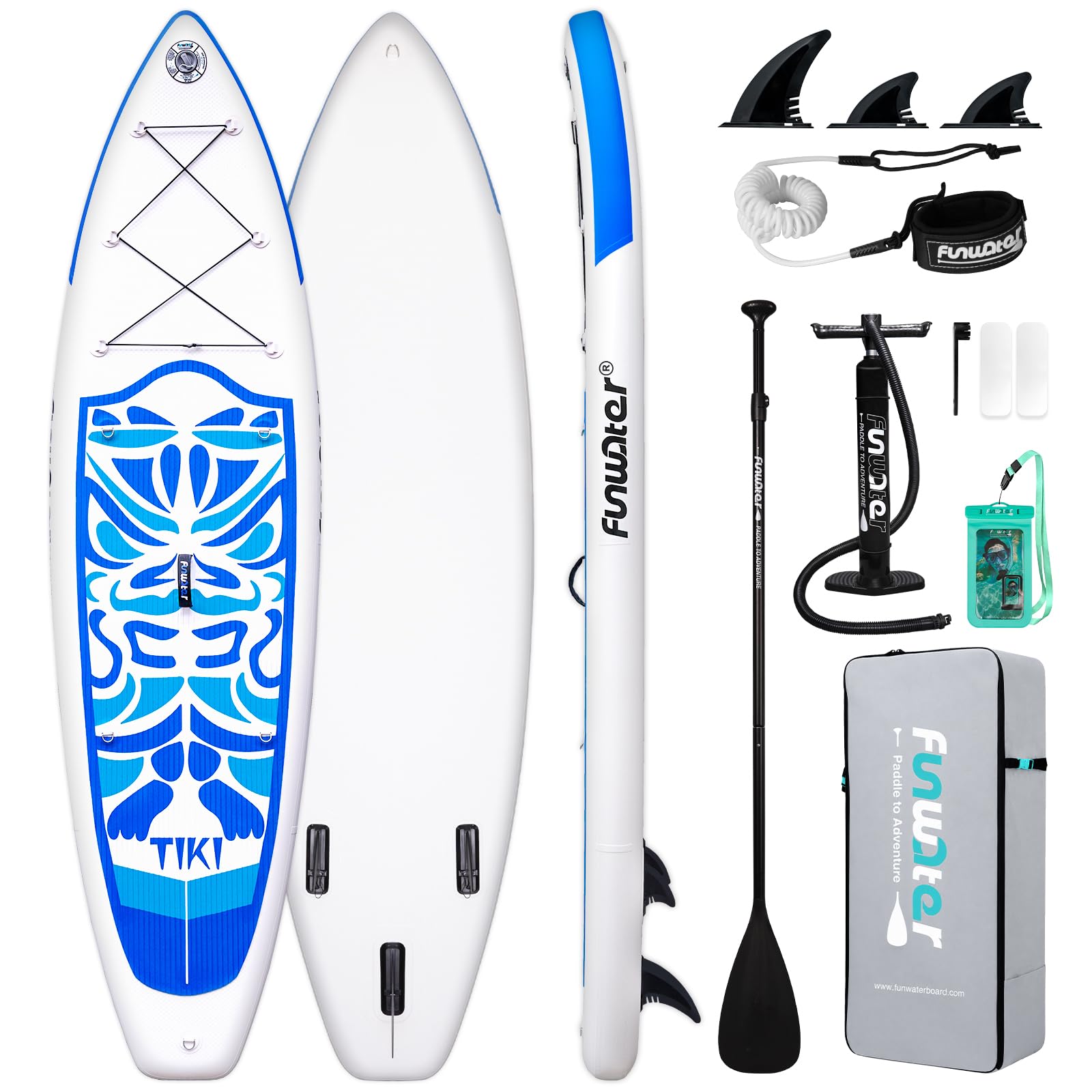 FunWater Deska do wiosłowania 10'6" i 11'6", wielofunkcyjna deska do wiosłowania z płetwami, liną kostną, pompką SUP, wiosłem, plecakiem Sup, na wszystkie poziomy umiejętności