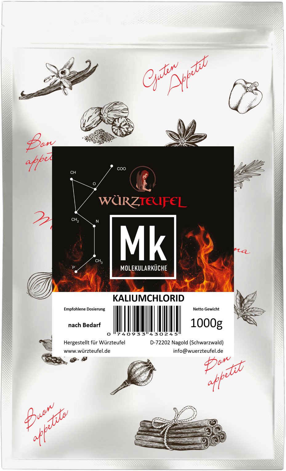 Würzteufel Cloruro di potassio (KCL) – sale di potassio per uso alimentare – sale dietetico e sostituto del sale, E508 – sacchetti con fondo