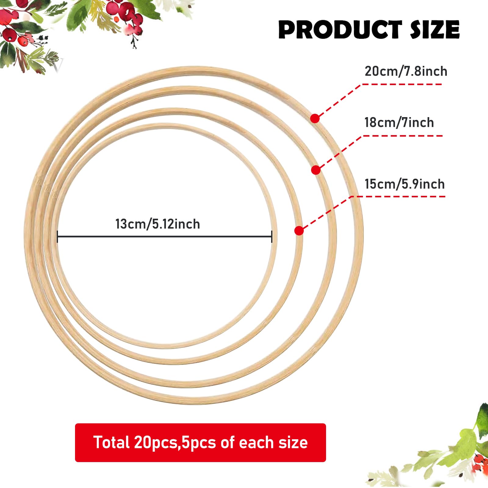 5 Anelli In Legno Di Bambù Da 20 Cm - Per Fai Da Te, Acchiappasogni, Ghirlande | Decorazioni Artigianali - Foto 10