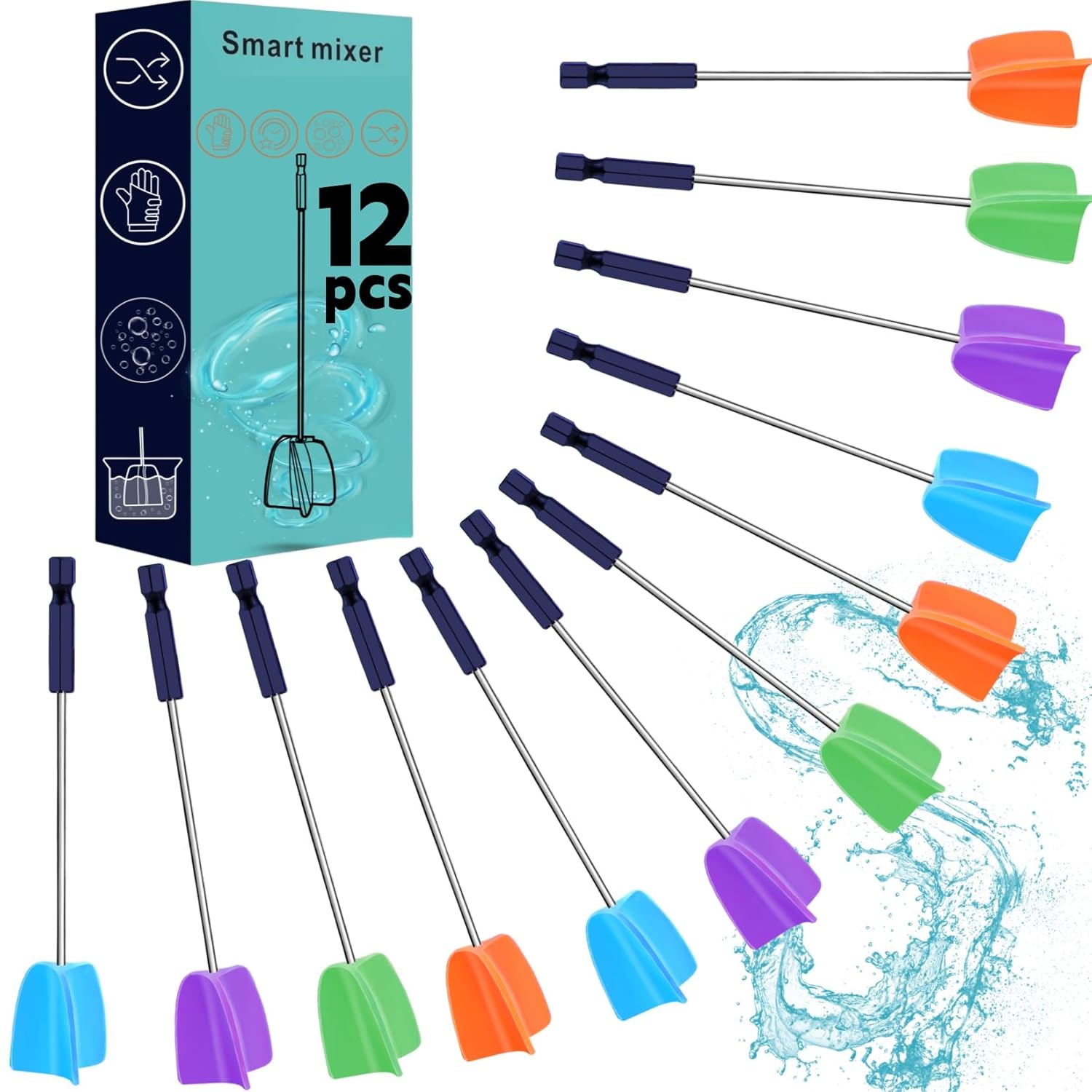 LFSUM 12 Pack Silicone Resin Mixer Paddles for Drill - Reusable 7 Inch Epoxy Paint Stirrers, Helix Design Bubble-Free Mixing