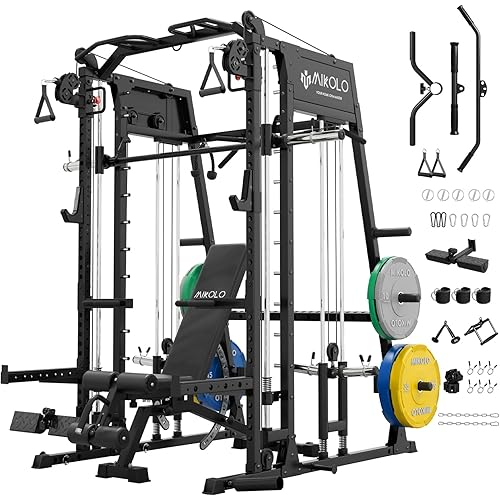 Mikolo Smith Machine, 2200lbs Squat Rack with LAT-Pull Down System & Cable Crossover Machine, Training Equipment with Leg Hold-Down Attachment