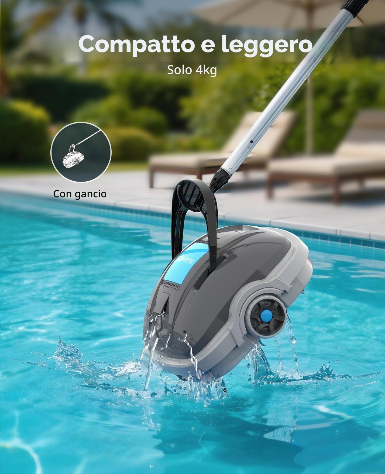 WINNY POOL CLEANER Robot Piscina Senza Fili,Robot Pulitore Piscina,Autonomia 100 Min,Parcheggio Automatico,Filtrazione da 180 µm Aspiratore Piscina,per Piscine Fuori Terra 80 m²-Grigio Scuro