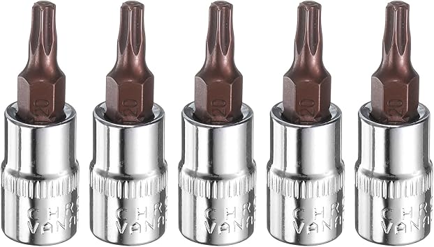 HARFINGTON 5pcs T20 Torx Bit Socket 1/4" Square Drive Star 6 Point S2 & CR-V Steel Socket Ratchet Wrench Bits, Silver Red