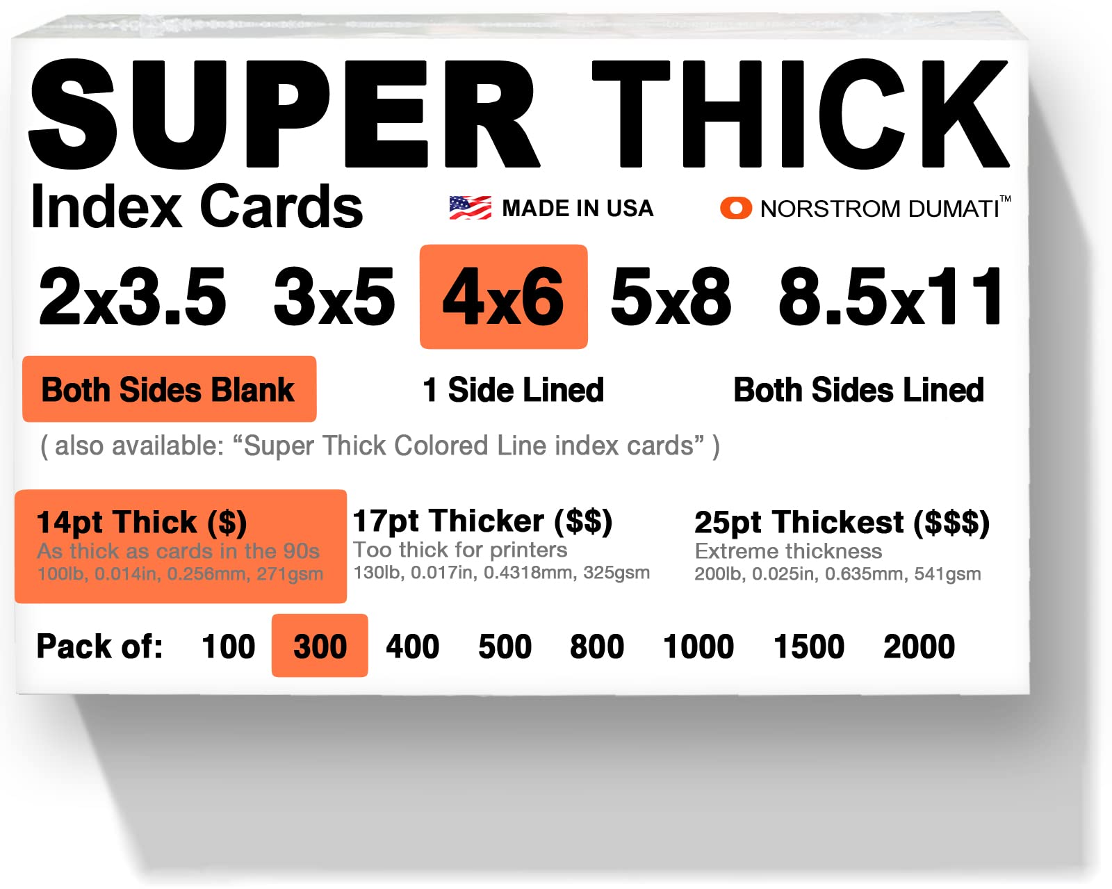 300 SUPER THICK index cards/ 4"x6" / 14pt (0.014") 100lb / blank un-ruled/archival acid-free