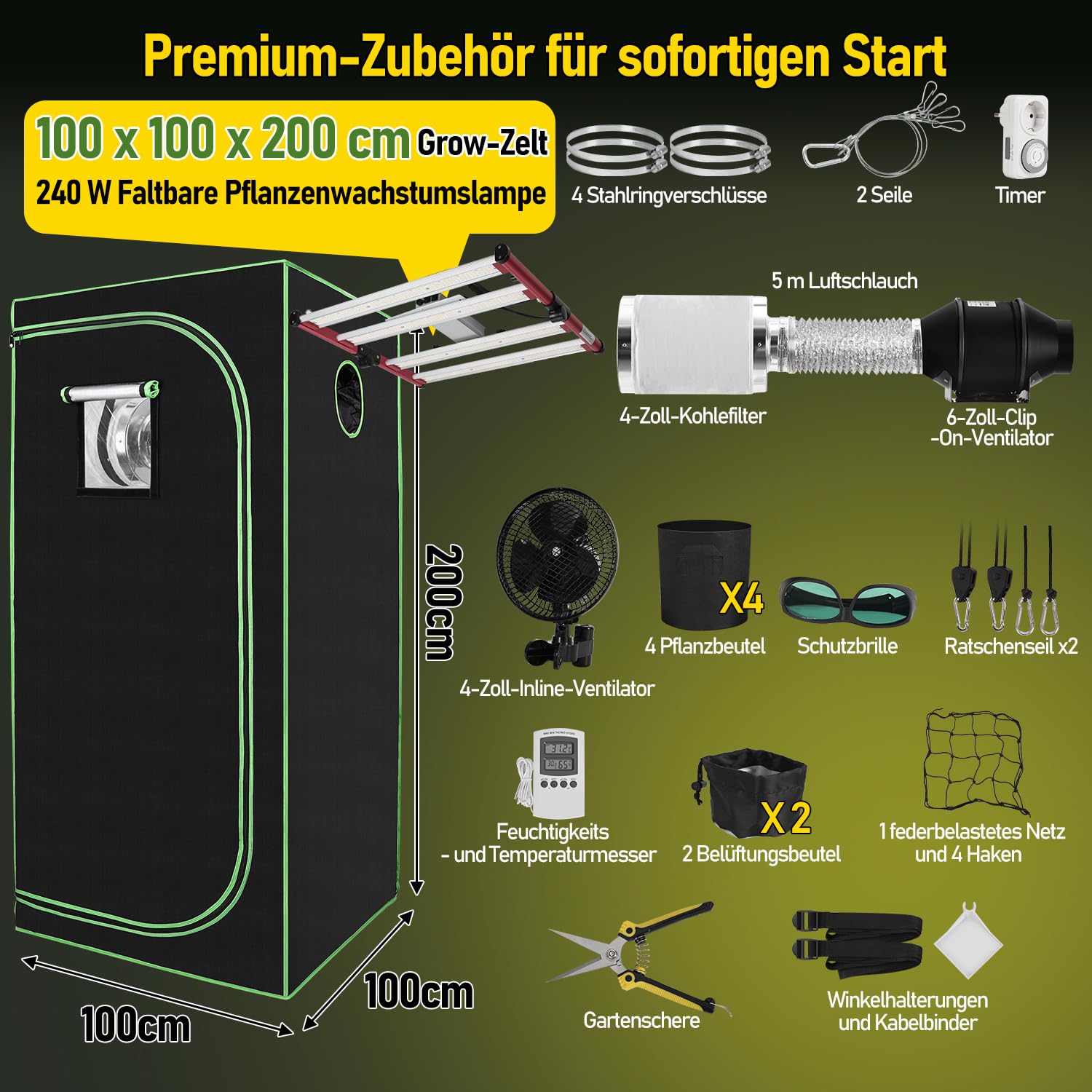 Tente de Culture - Kit Complet - 100 x 100 x 200 cm - Lampe LED Pliable - 240 W - Système de Ventilation à Complet - Tente hydroponique d'intérieur