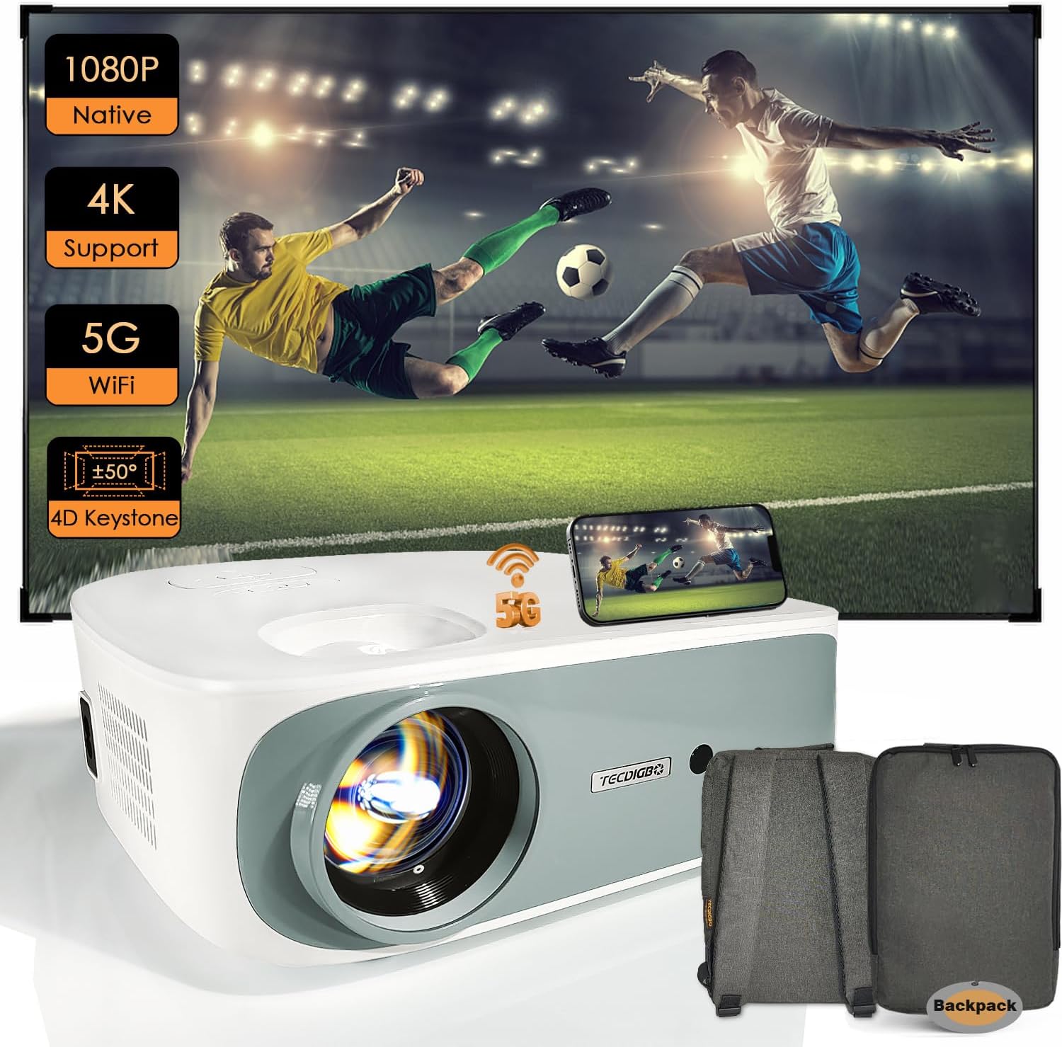 TECDIGBO WiFi Projector 4K 5G Bluetooth Projector ±50° 4D Keystone Correction Native 1080P Full HD Outdoor Movie Projector for Smart Phone/Laptop/PC/DVD/TV/PS4