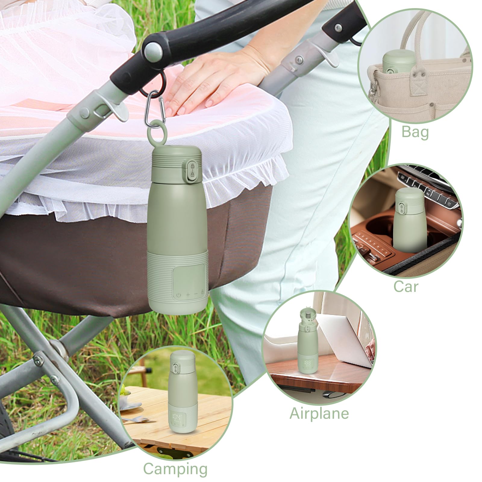 Calentador de biberones portátil para viajes, calefacción de 5 minutos para leche materna, fórmula y agua, 340.2 g, gran capacidad, batería de larga duración, petaca de bebé para vehículo, coche