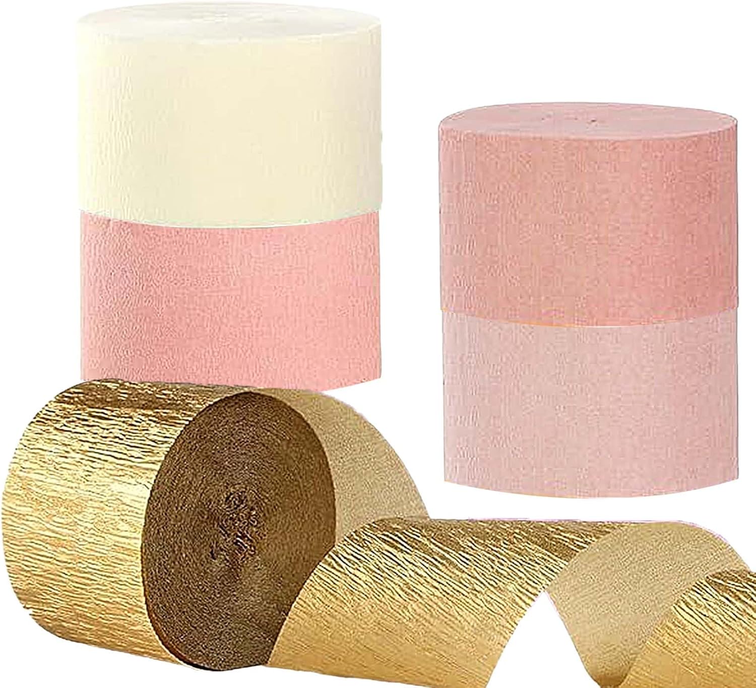 Elegant Crepe Paper Streamers for Party Decorations - 5 Rolls in Off-White, Gold, Light Pink, Deep Pink & Peach - Perfect for Birthdays, Weddings, Graduations, Bridal Showers, and Special Celebrations