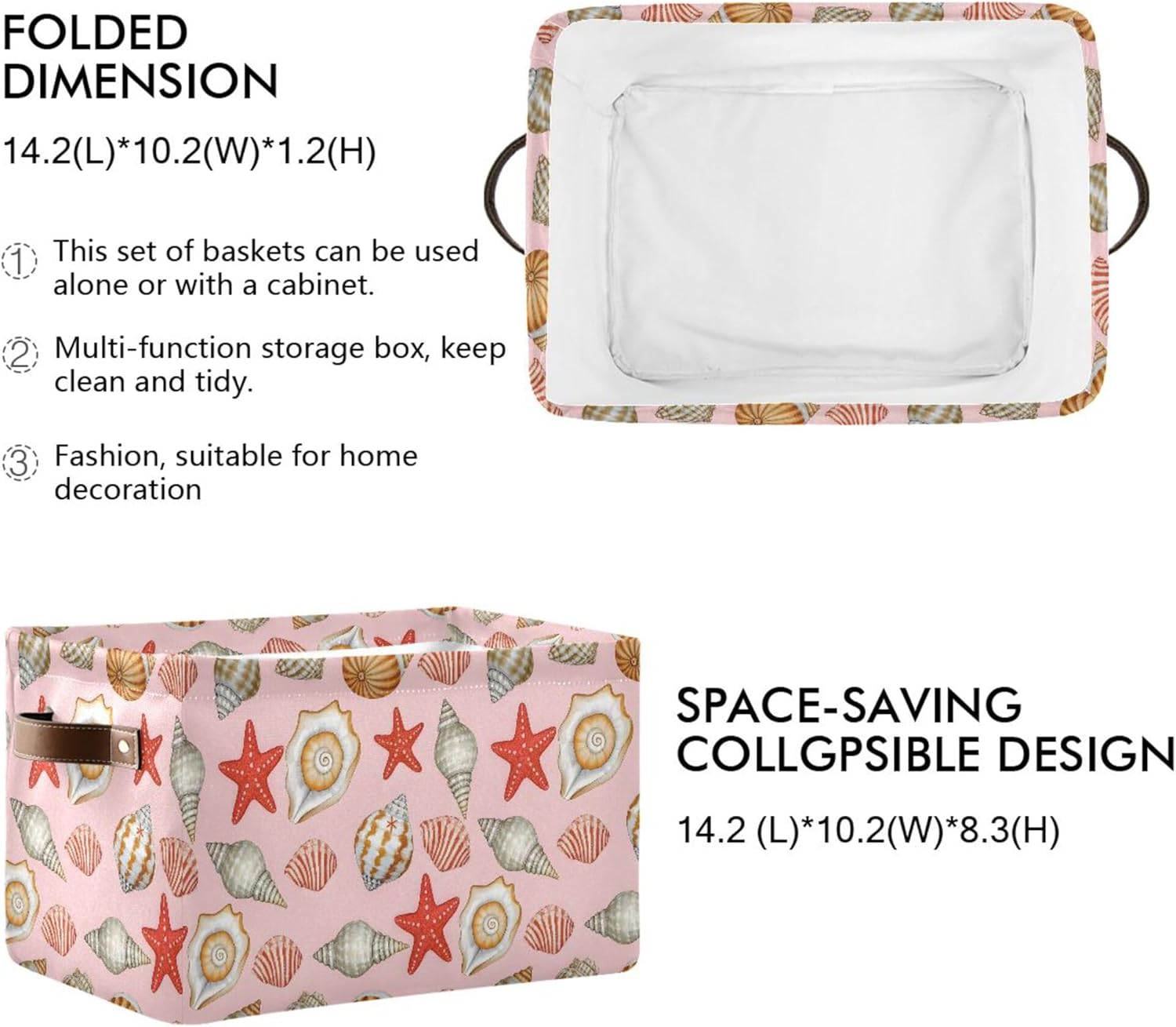 MNSRUU Storage Basket Conch Starfish Collapsible Organizer Basket for Shelves with PU Handles, Decorative Waterproof Nursery Laundry Storage Cubes Bins, 2 Pack