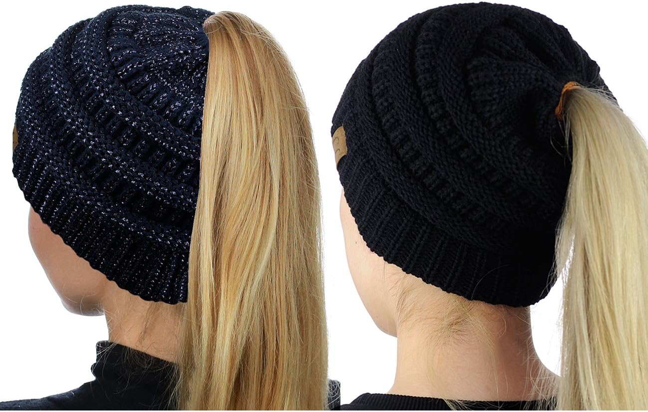 C.C BeanieTail Soft Stretch Cable Knit Messy High Bun Ponytail Beanie Hat, 2 Pack