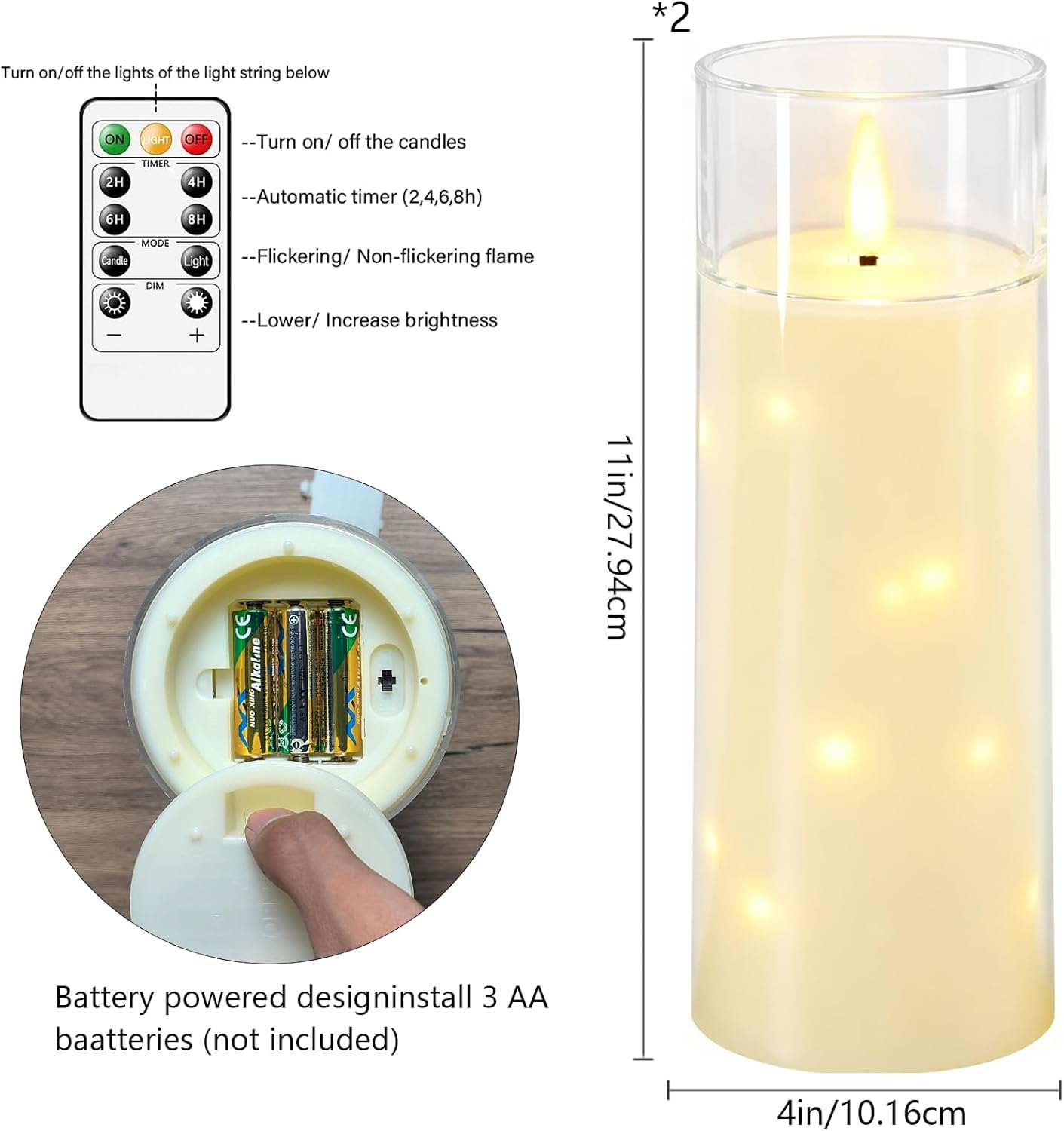 Waterproof Outdoor Candles with Timer & Remote - Battery Operated LED Candles, Realistic Flameless Plastic Pillar, Pack of 2 (4" D x 11" H, Ivory) for Patio, Garden Camping Rainy Weather - Image 2
