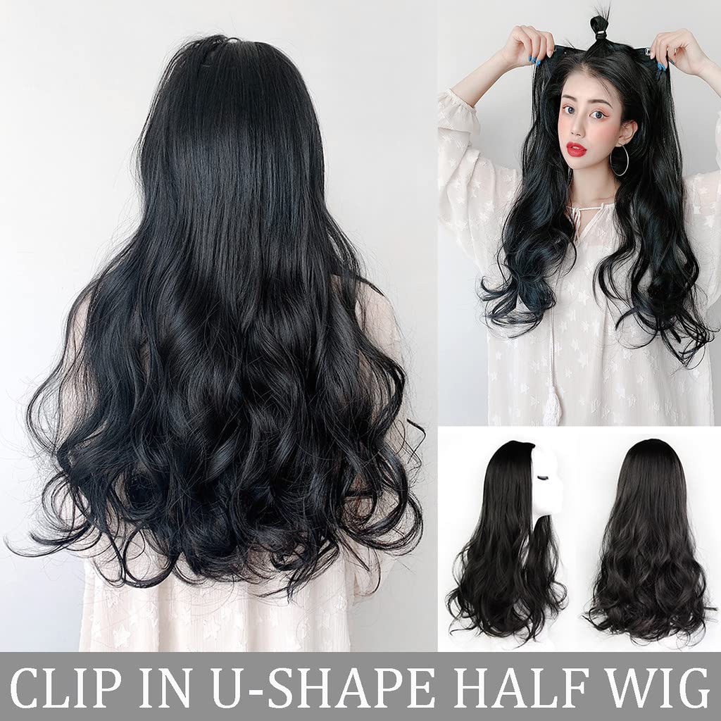 24" Straight 3/4 Half Wig Invisible U-Shaped Clip in Hair Extension Hairpiece Wavy Black