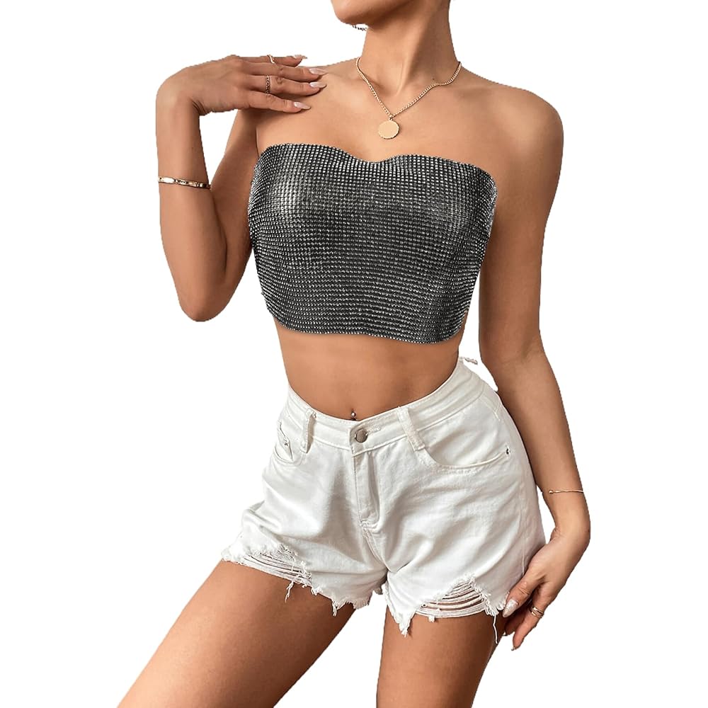 トップス strap cover tops melt the ledy Sexy Rhinestone Tube Crop Top for Women Adjustable Strapless