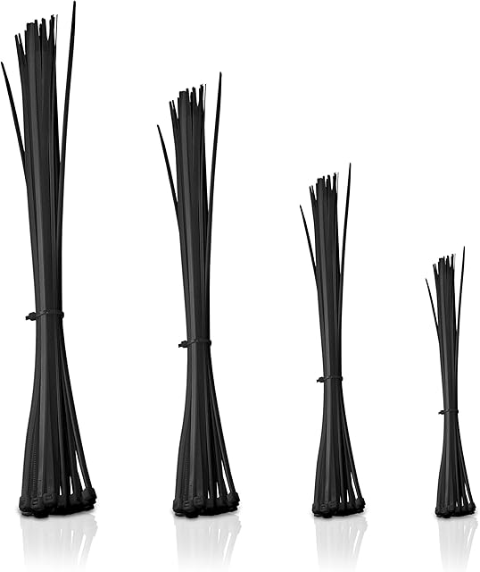 Black Cable Ties Premium Nylon - Pack of 100 Zip Ties - Diversified Tie Wraps in Sizes 2.5 x 100mm, 3.6 x 150mm, 4.8 x 200mm, 4.8 x 300mm - Cable Ties Heavy Duty for Home, Garden, Office, and DIY