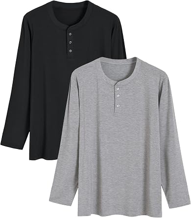 Latuza Mens Long Sleeve Pajama Shirt 2 Pack Henley Neck Sleep Tops