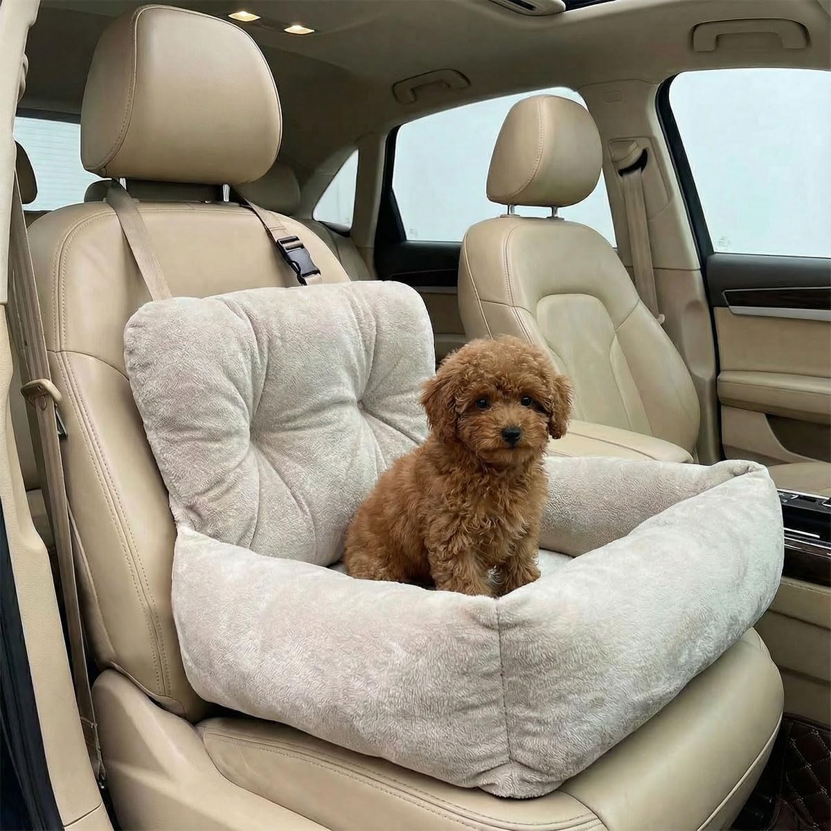 Craedli Dog Car Seat for Small Dogs, Washable Detachable Car Front & Back Seat Pet Bed with Safety Leash, Universal Portable Puppy Travel Booster Seats for Dogs Under 25 lbs (Khaki)