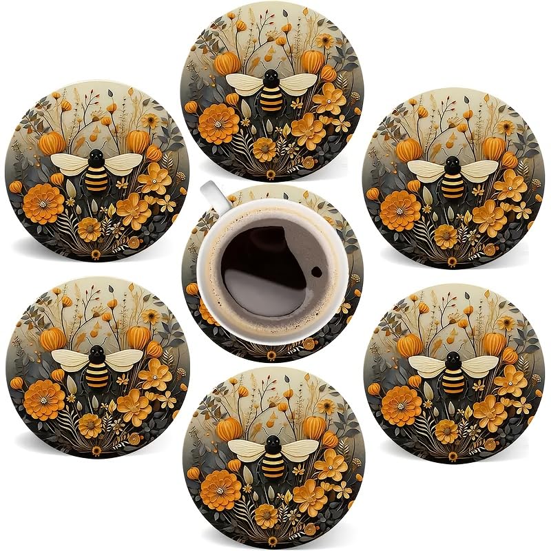 Image of 6pcs Bee & Floral Wooden Coasters Set - Hand Washable, 4 inch Decorative Drink Mats for Coffee & Glassware - Ideal for Christmas, Valentine's Day, Mother's Day, Father's Day, Easter