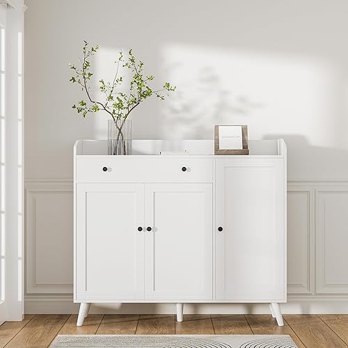 Miniatura 4 de DIYART Gabinete de almacenamiento de zapatos blanco, armario de zapatos con puertas y cajón, organizador de zapatos de madera para entrada, se