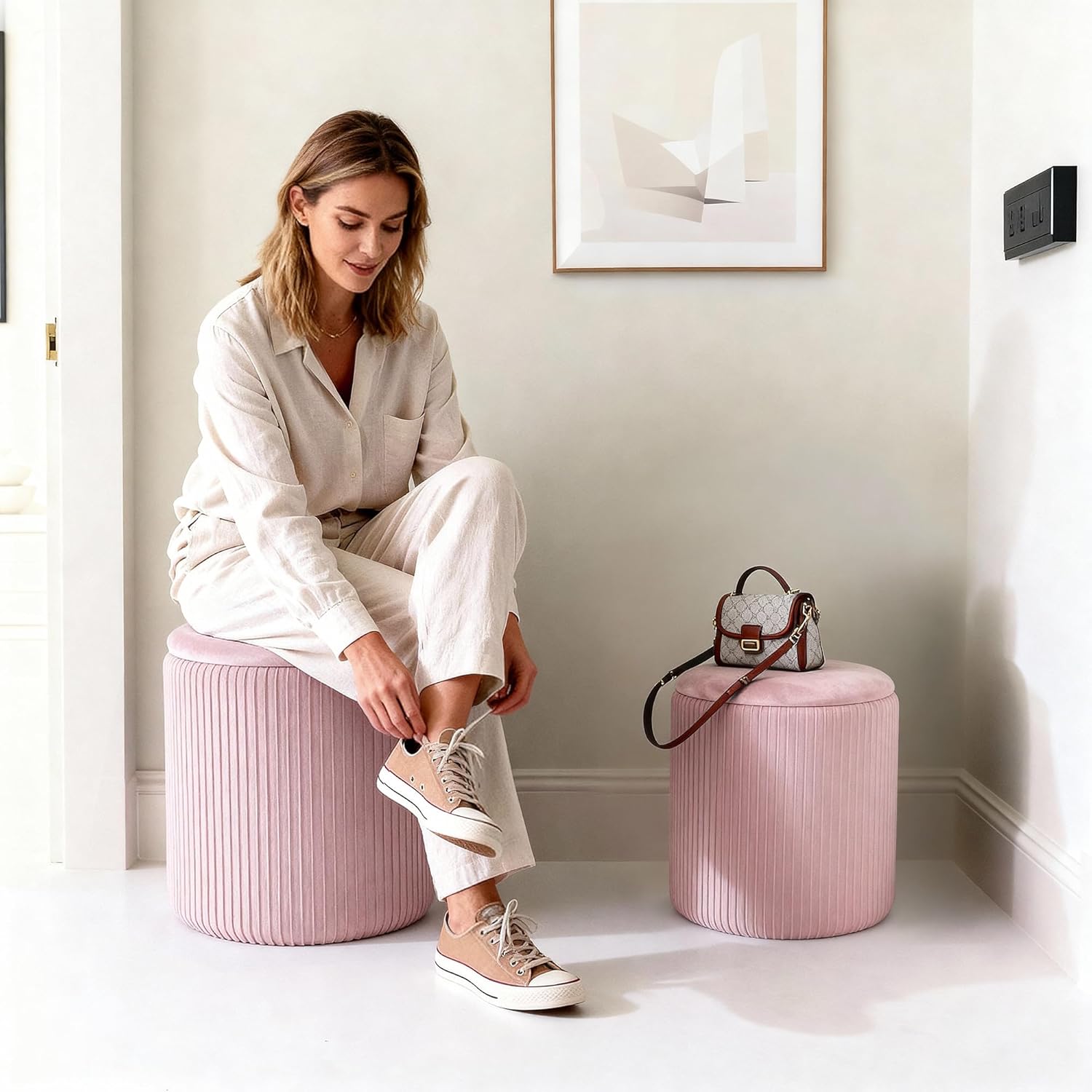 CAROLMADE Set of 2 Round Ottoman with Storage, Upholstered Vanity Stool Support 330lbs Multifunctional Coffee Table Ottoman Velvet Foot Rest Stool or Living Room Bedroom Dorm (Pink)