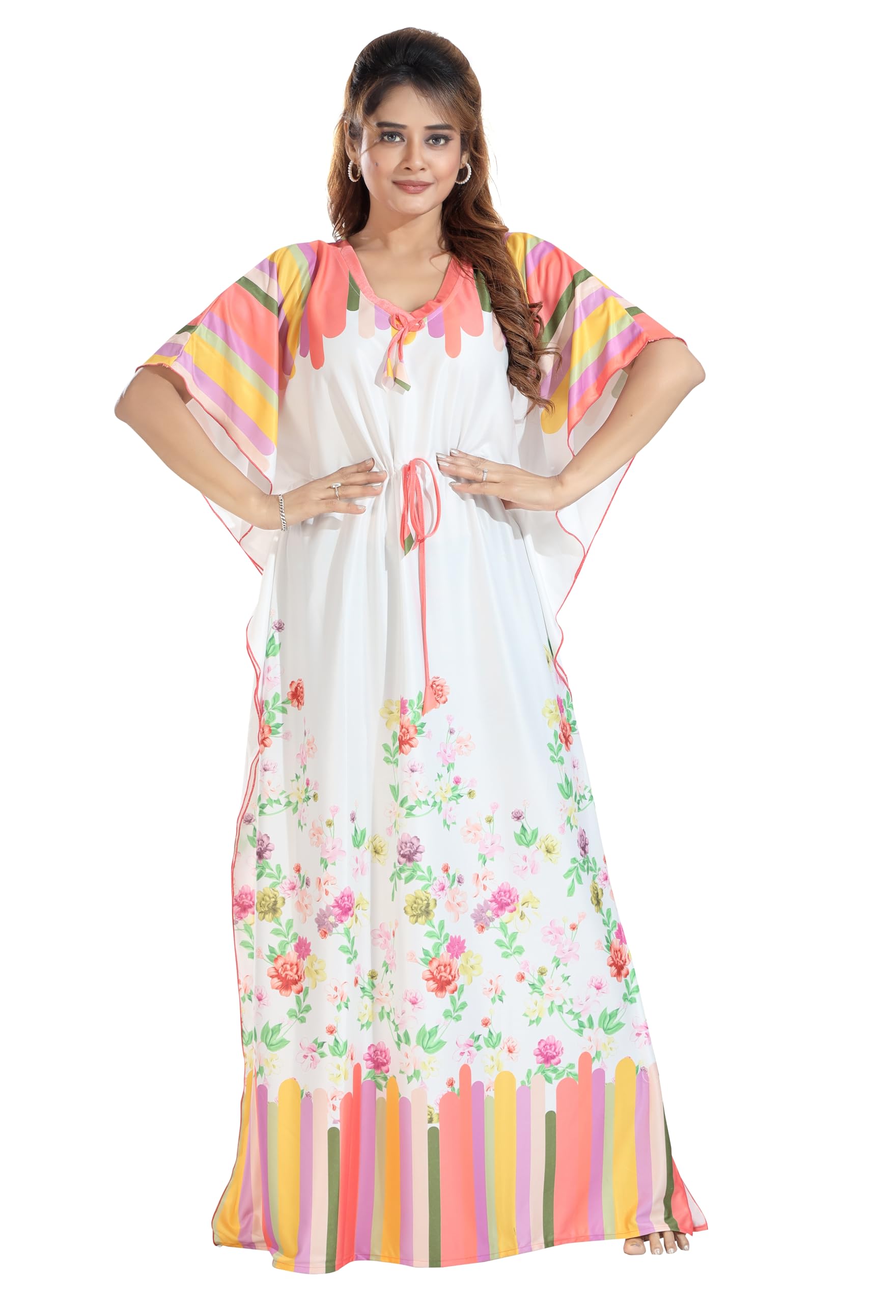 V-Neck Kaftan Nightwear & Loungewear | Self & Floral Pattern | Ideal for Sleep, Lounge, Casual Wear & Work from Home | Drawstring Design-image-6