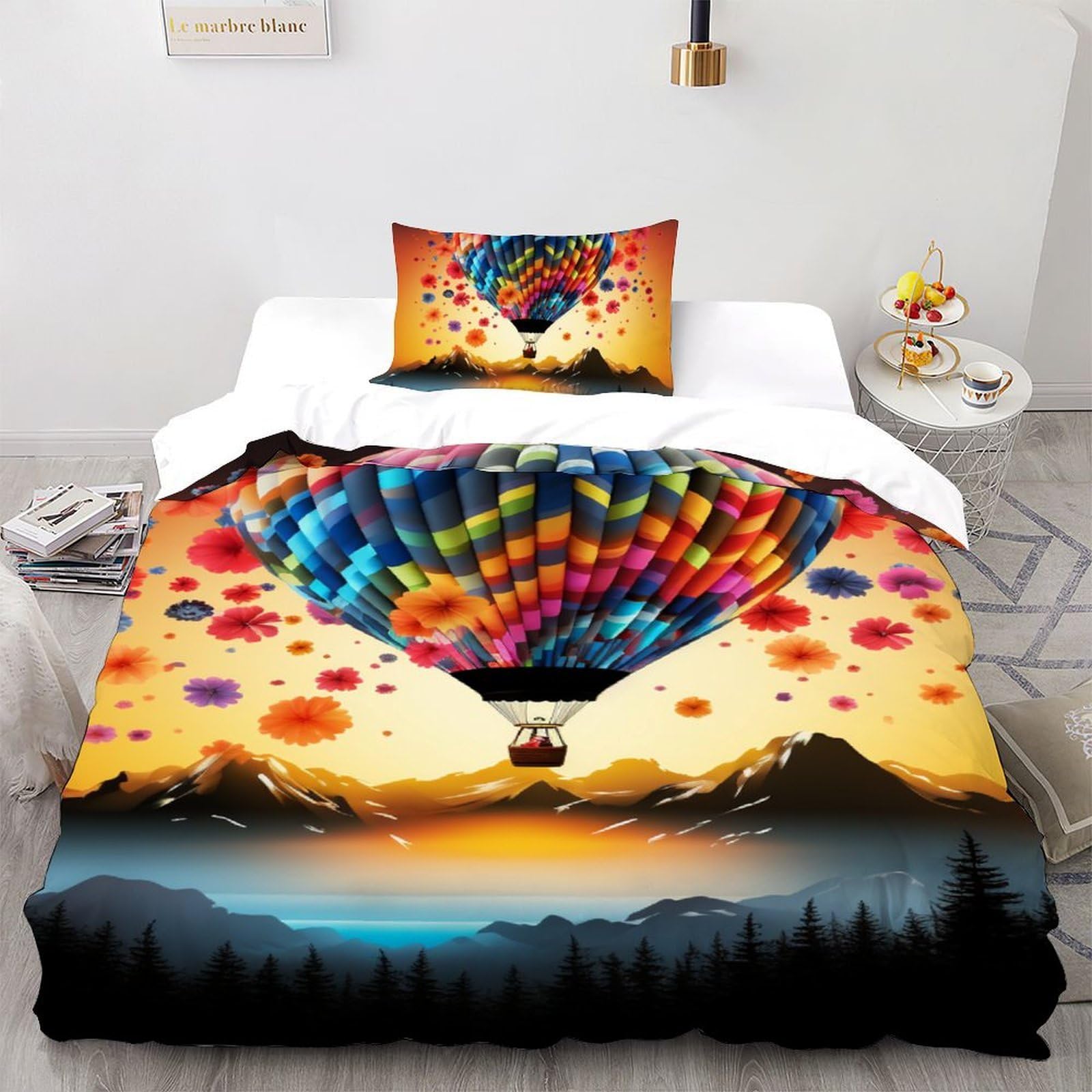 Housse de couette montgolfière 135x200cm avec 2 taies d'oreiller lit simple enfant