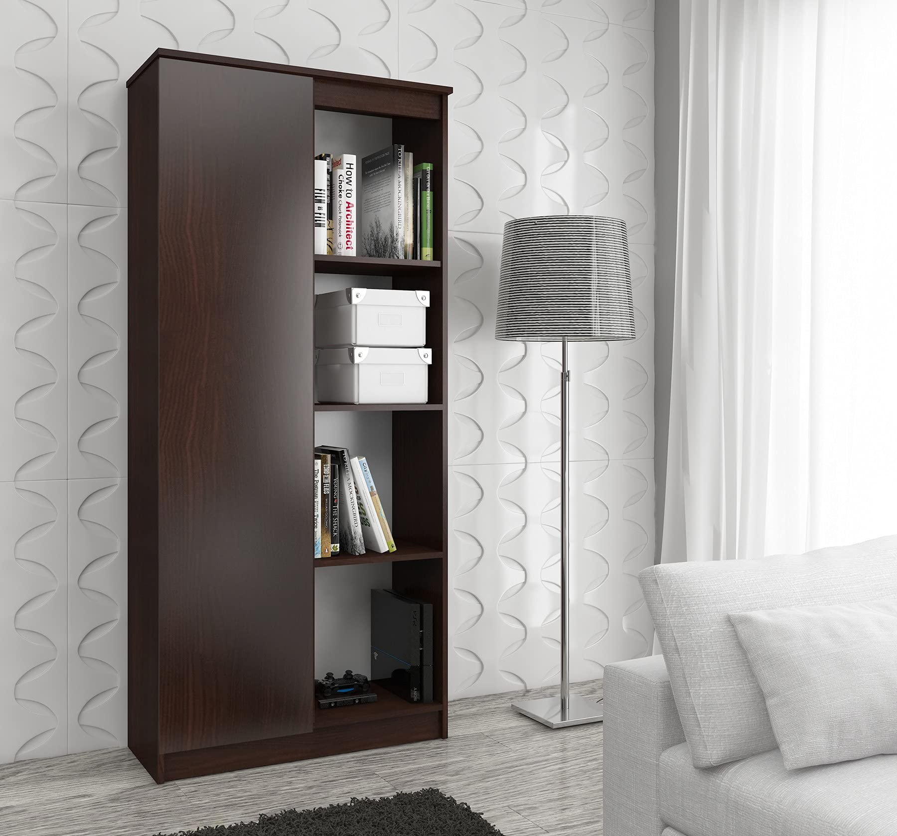 AKORD | Libreria per ufficio CLP 80cm | 4 Ripiani esterni 1 Anta | Scaffale Soggiorno | Porta Libri | Mobile Moderna con Ripiani | Salvaspazio | Librerie da Terra | Wengé