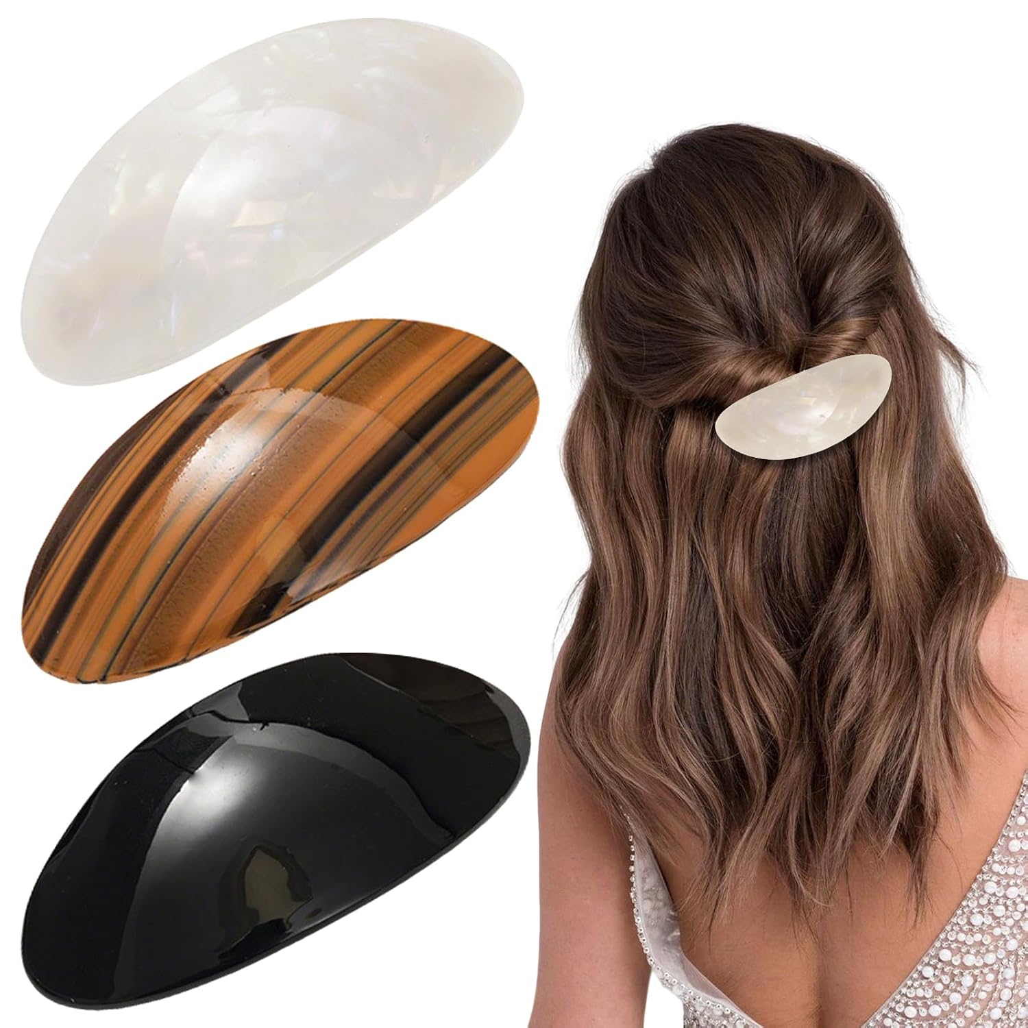 3 PCS Oval Hair Barrette Large Hairclips Acetate Hair Accessories Barrettes French Clips Pin for Women Girls Long Thick Hairs 3 Colors (Black, White, Brown)