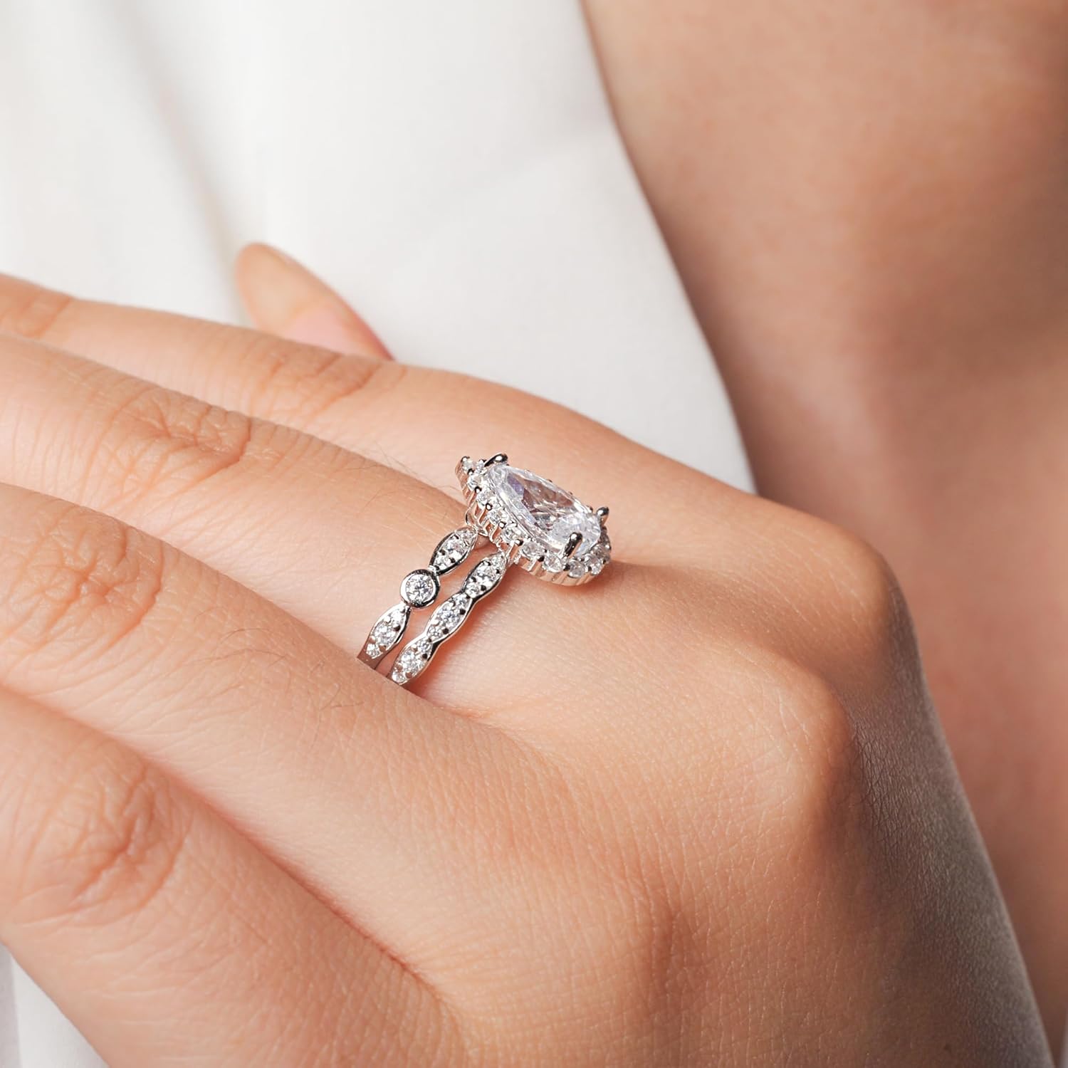 1CT Pear Cut Cubic Zirconia Halo Promise Engagement Ring For Women in 925 Sterling Silver, Simulated Diamond 14k White Gold Plated CZ Stackable Rings For Her, Wedding Band Bridal Ring Set - Image 8