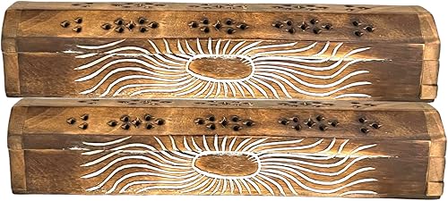 Vista 39 de Paquete de 2 quemadores de incienso de madera tipo ataúd - Incrustaciones de latón de 12 pulgadas - Compartimento de almacenamiento (Buddha)