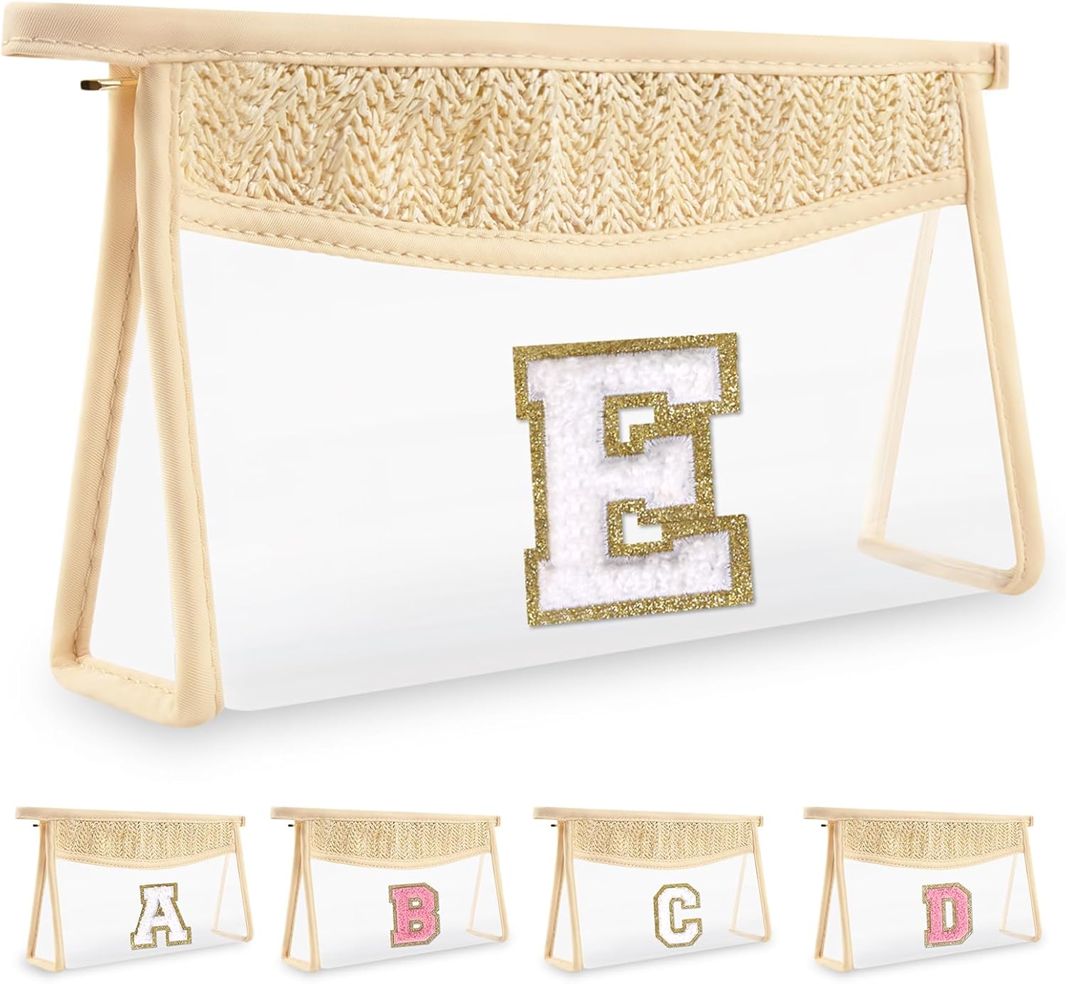 Personalized Initial Letter Bag Boho Straw Clear Makeup Bag,Small Cute Chenille Var...