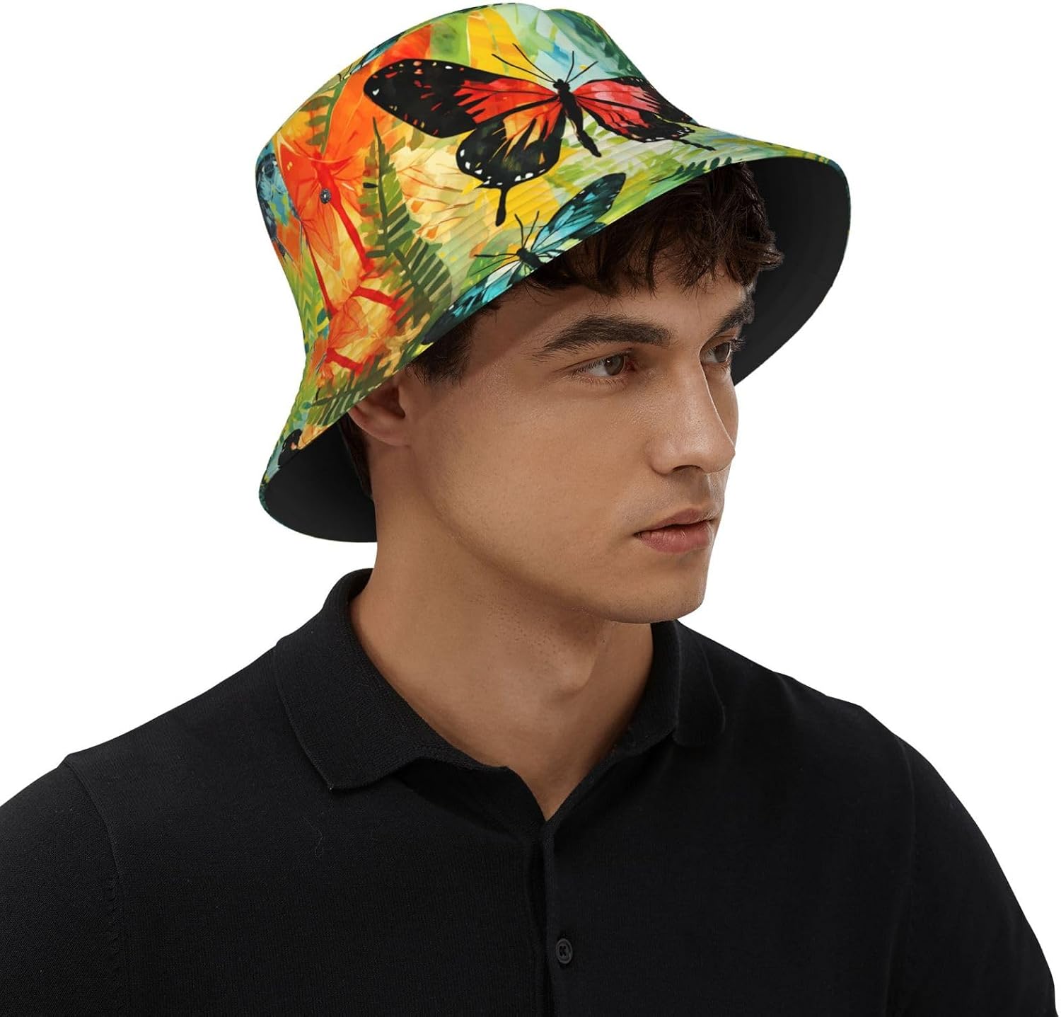 Watercolor Butterfly Prints Summer Outdoor Travel Bucket hat, a Beach Sun hat Suitable for Both Men and Women Black