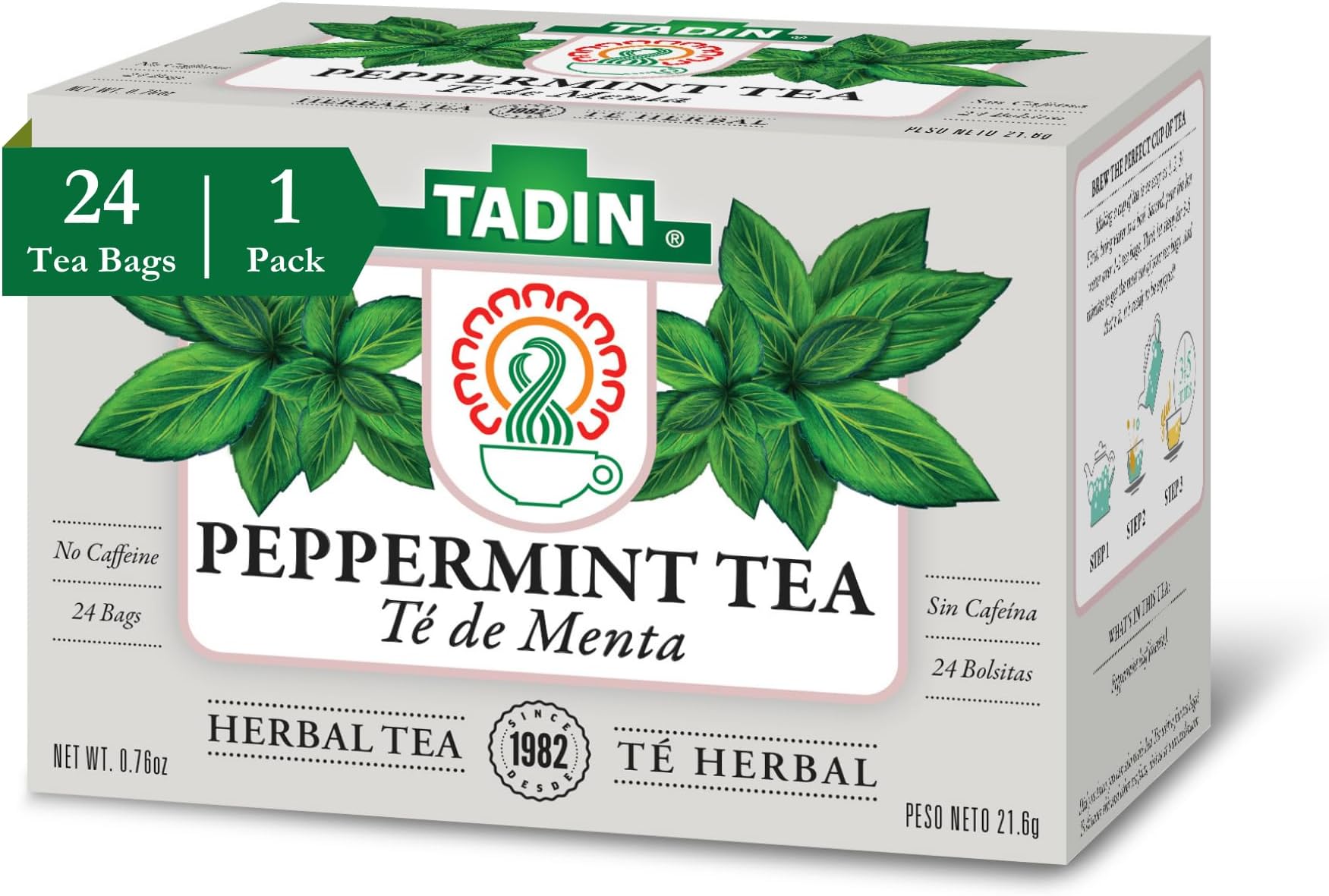 Tadin Peppermint Tea, Herbal Tea, Caffeine Free, 24 Tea Bags Per Box, Pack of 1