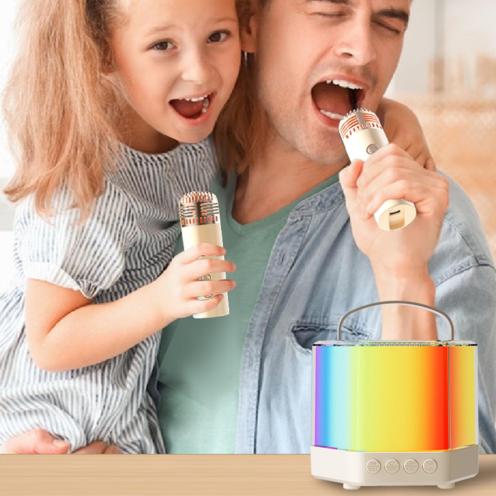 Maszyna do karaoke z 2 mikrofonami – zestaw mikrofonów i głośników | Oświetlenie RGB 2 bezprzewodowe mikrofony, zestaw głośników karaoke dla lepszej atmosfery imprezowej
