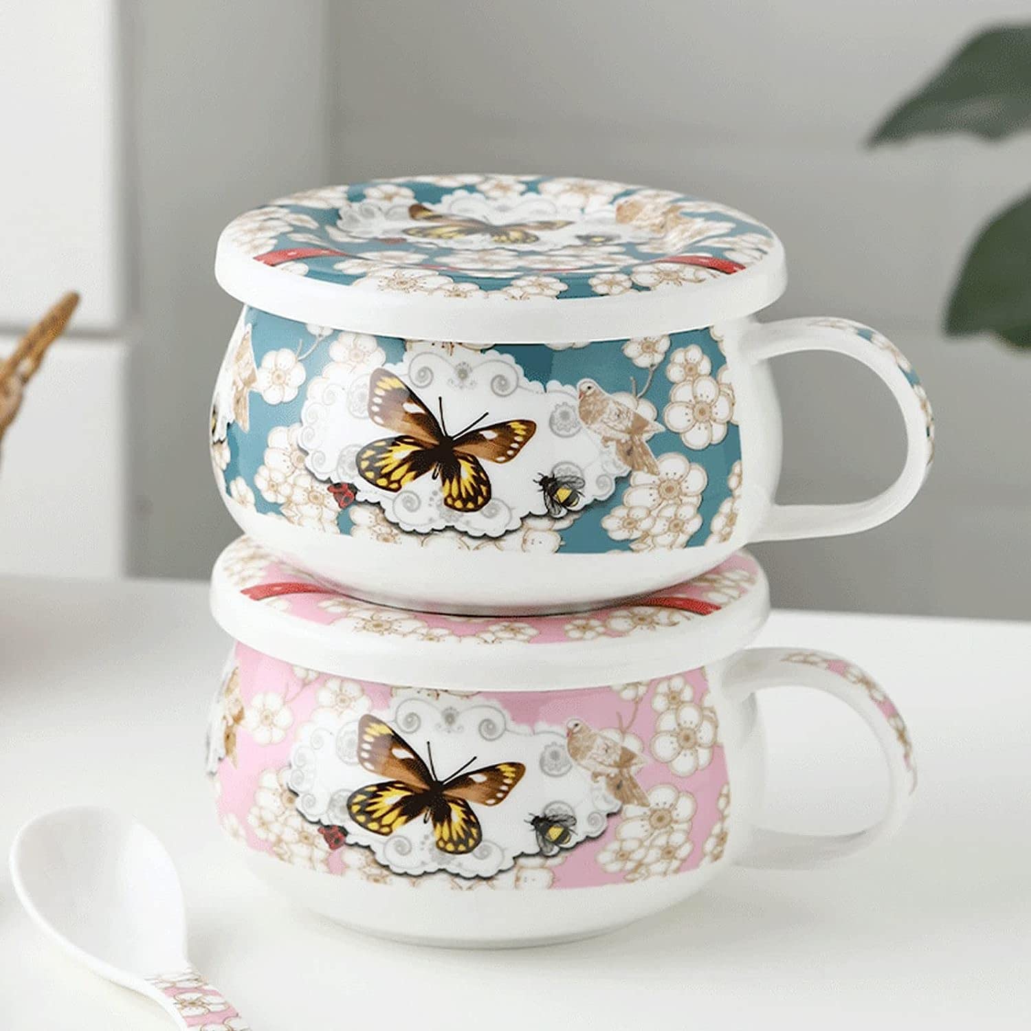Ceramiczne miski do zupy 680 ml z pokrywką akademika, miska mikrofalówki, ramenu – różowe