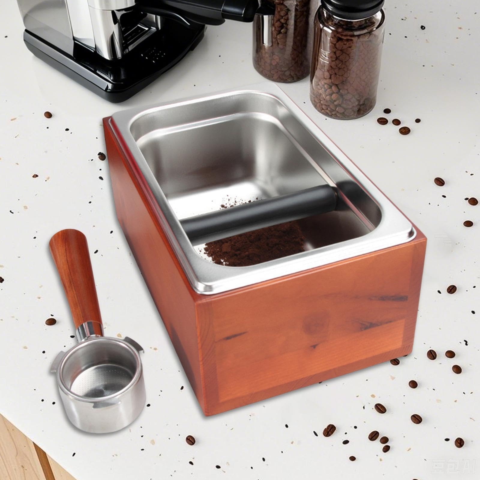Contenitore per fondi di caffè in acciaio inox, separabile, 26x17x11,6 cm, sedile in legno per macchine da caffè espresso multiuso