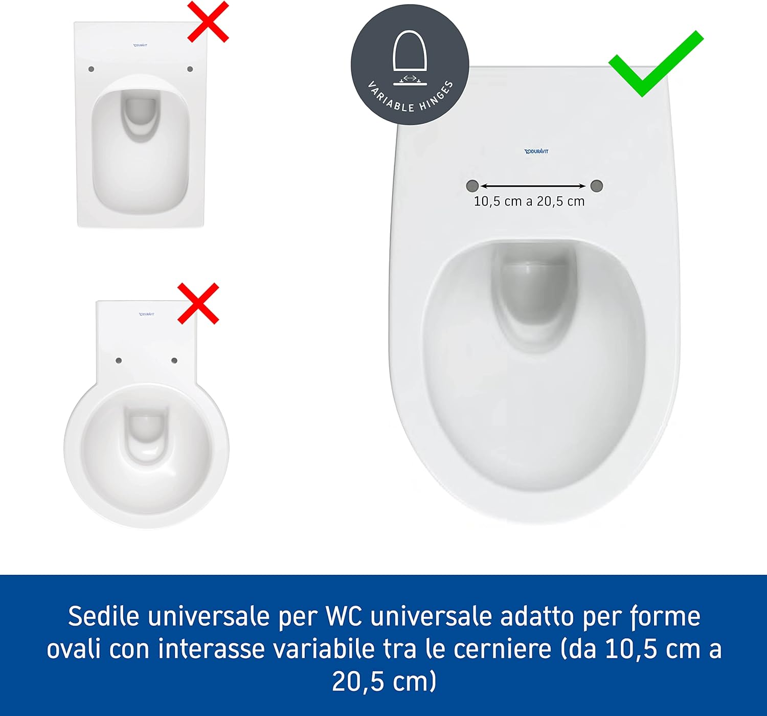 Diagram showing toilet seat compatibility with variable hinge distance