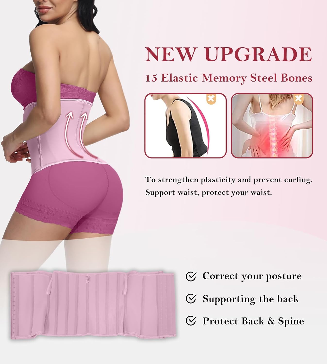 SHAPSHE Waist Trainer for Women Workout Corset Waist Cincher Shapewear Zipper Underbust Faja Body Shaper Pink