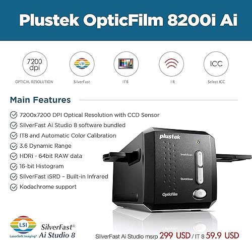 Miniatura 5 de Plustek OpticFilm 8200i Ai - Convertidor de escáner de película y diapositivas + kit de portaobjetos montados de 1.378 in + kit de rayas de película