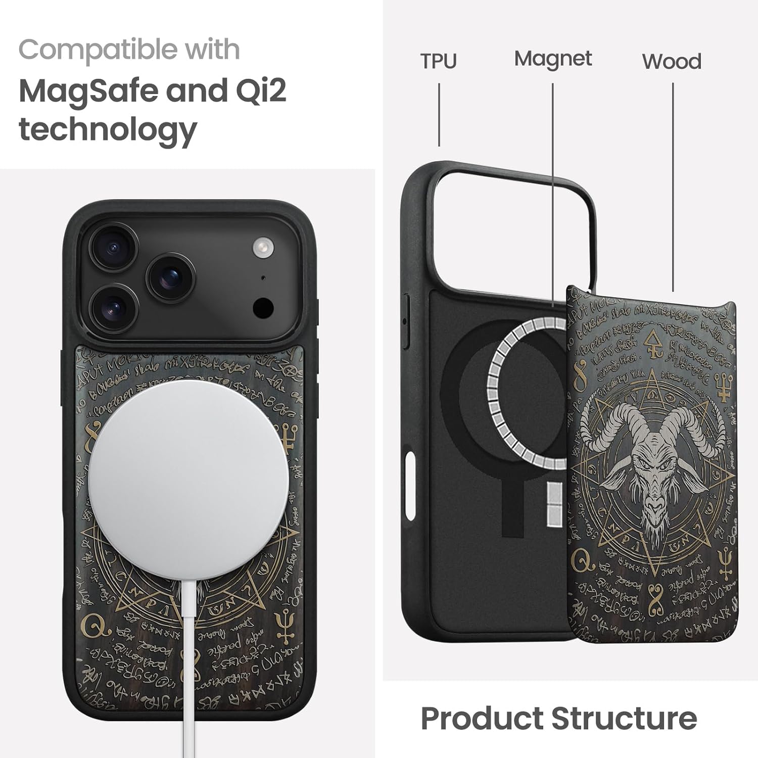 Magnetic for iPhone 17 Pro Case Compatible with MagSafe Wireless Charging, Wooden Cover & Shockproof TPU Phone Case, Dark Wood Hand-Drawn Pattern - Baphomet Seal
