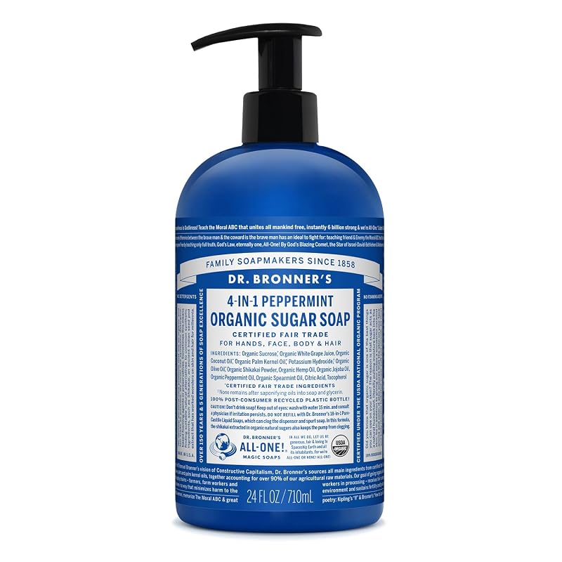 Sabonete líquido de açúcar orgânico Dr. Bronner's, hortelã-pimenta, 680 g