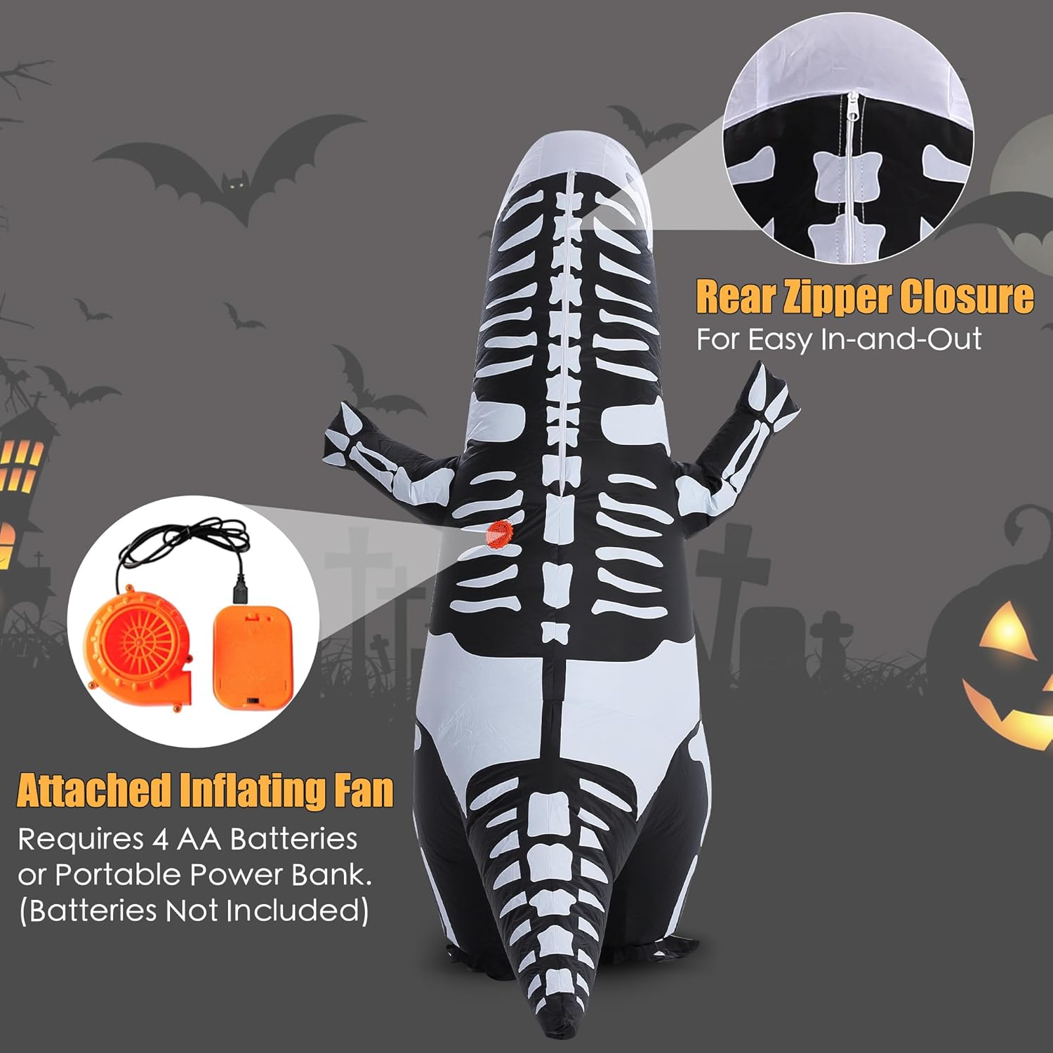ZPISF Inflatable Skeleton Dinosaur Costume for Adults, Full Body Skeleton T-Rex Blow Up Costume with LED Light Eyes, Perfect for Halloween Parties