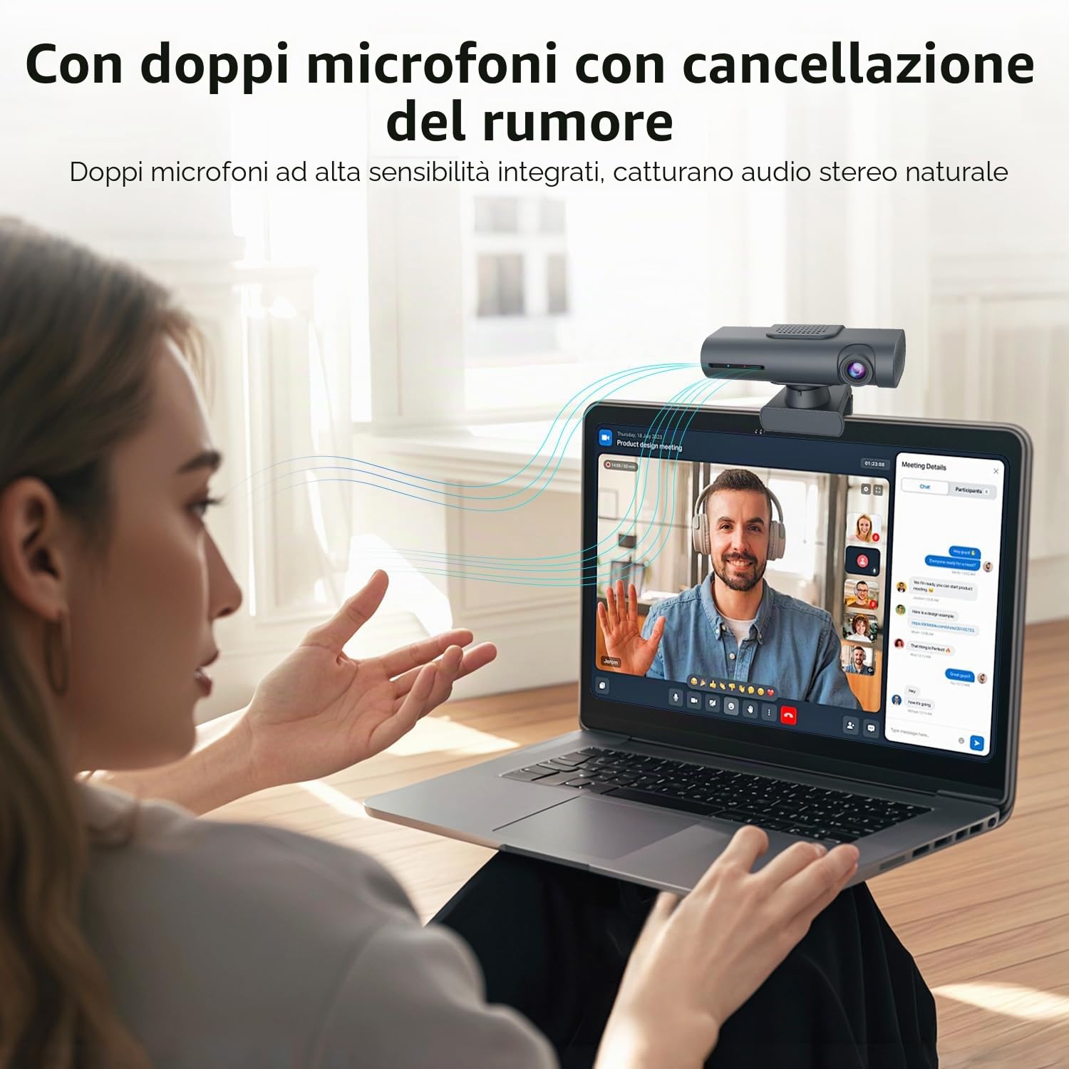 TOALLIN Webcam streaming 2K per PC, telecamera streaming PTZ con tracciamento AI, controllo gestuale, doppi microfoni con cancellazione del rumore integrati, webcam USB per conferenze, videochiamate