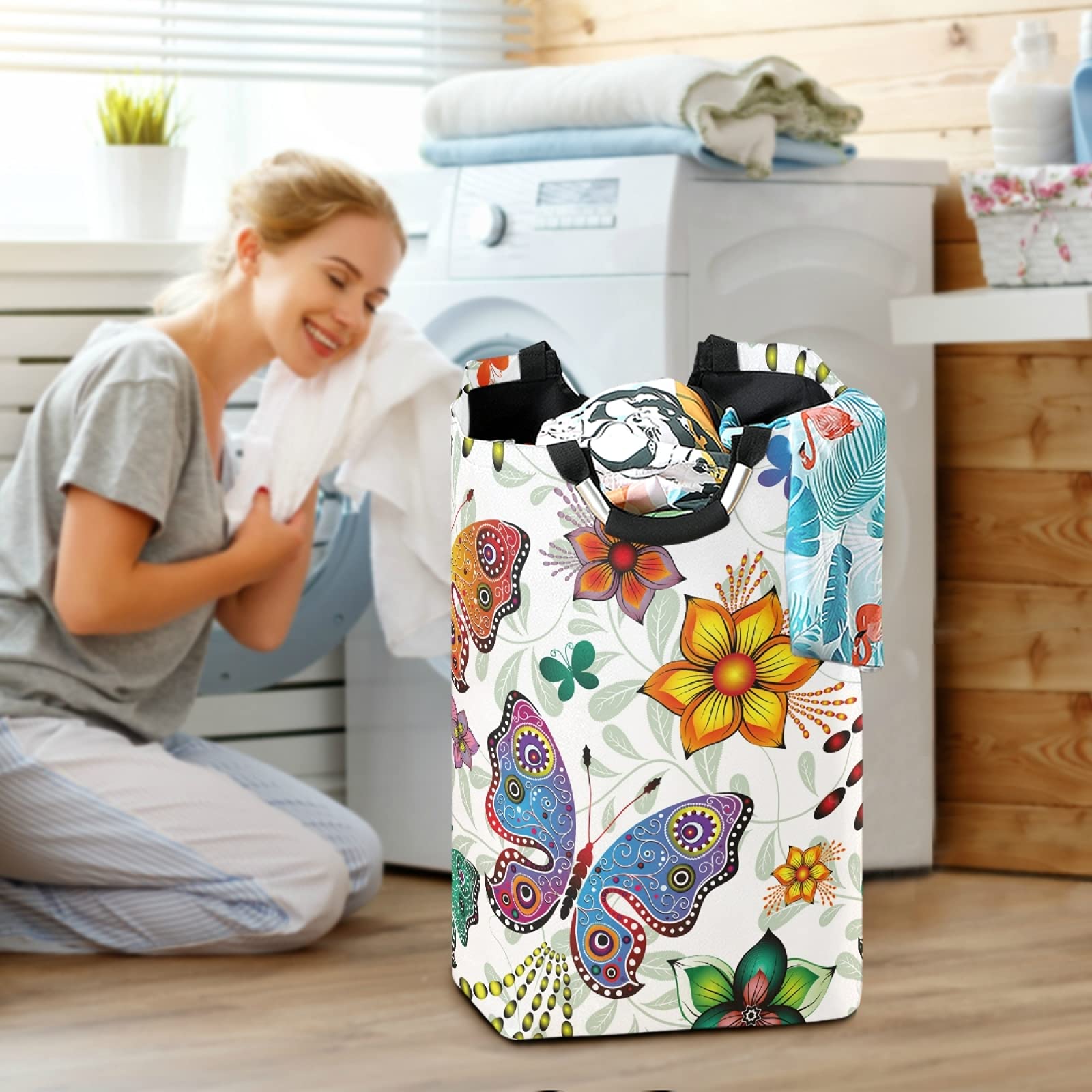 Faltbarer Wäschekorb Mit Blumenmuster – 48 X 41,9 Cm, Oxford-Stoff, Mit Griffen & Stützrahmen