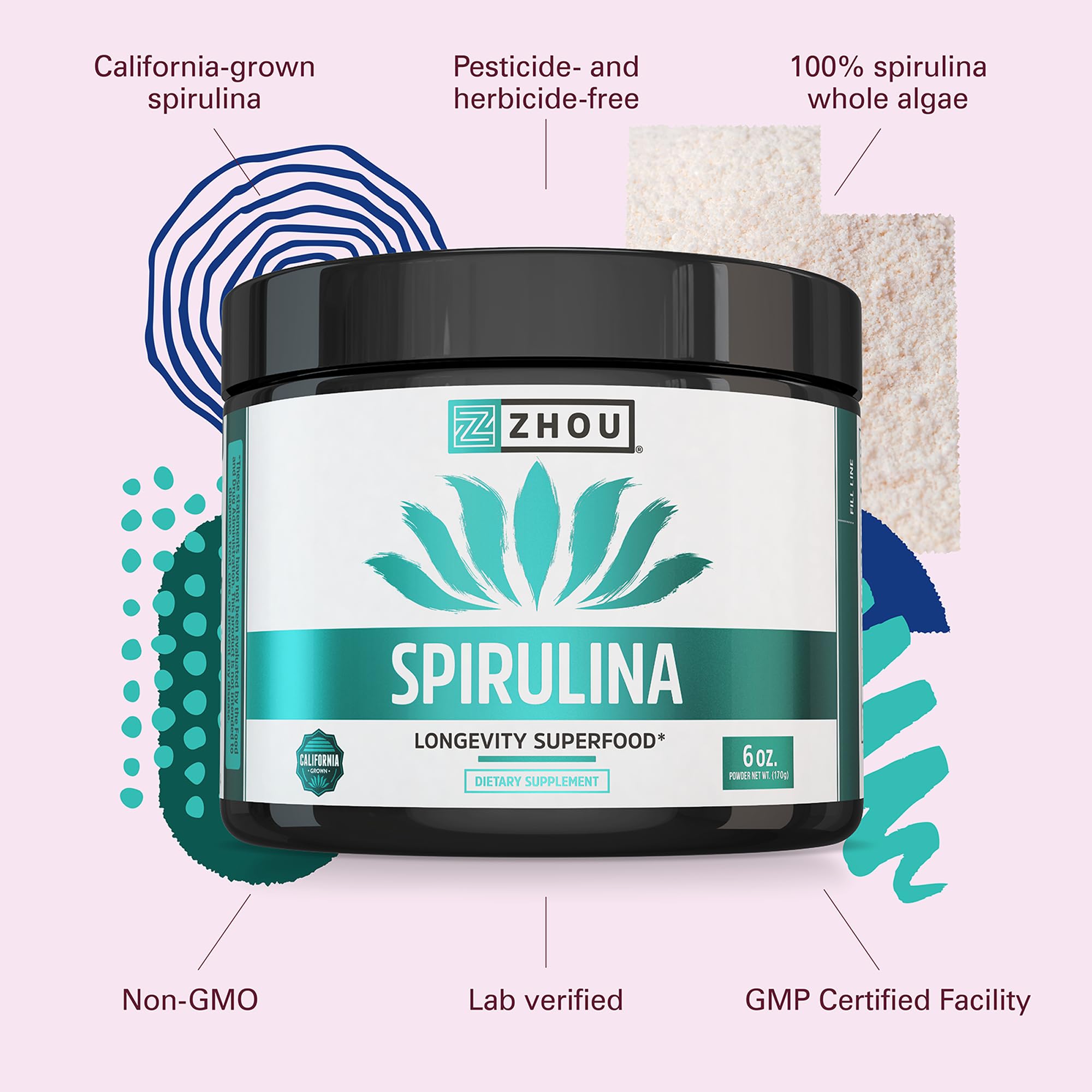 Zhou Spirulina Powder - Blue Green Spirulina Superfood for Women & Men with Vegan Protein, Chlorophyll & Phycocyanin for Smooth Energy & Longevity, Drink Mix for Smoothies - 6 oz Jar (48 Servings)