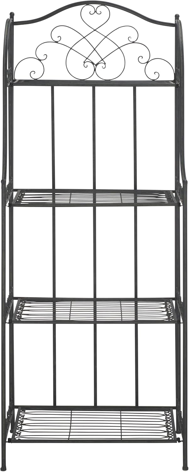 SAFAVIEH Outdoor - Amaris 4-Tier Bakers Rack - Black Iron Metal - Vintage Victorian Scrollwork - Ideal for Patio, Deck, Porch, Sunroom, 14.5" W x 25" D x 63" H (PAT5014E)