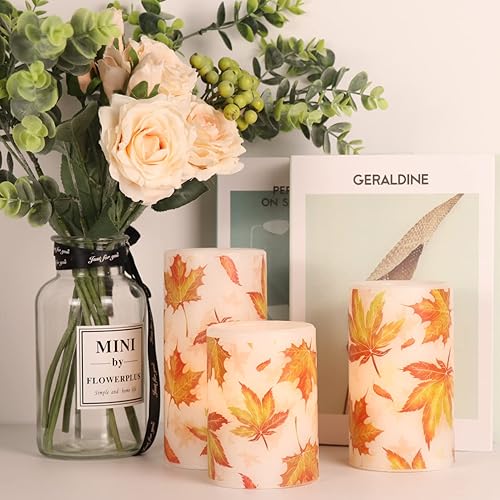 Miniatura 9 de GenSwin Velas de cristal sin llama de hoja de arce con temporizadores remotos, velas LED parpadeantes que funcionan con pilas, velas de pilar de