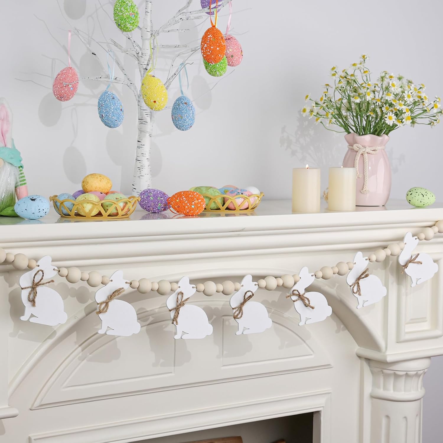 Easter Decorations Wooden Beads Bunny Banner Rustic Farmhouse Welcome Happy Easter Banner for Mantle, Fireplace, Wall, Party Supplies