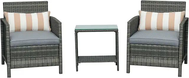 Grey Rattan Bistro Set with Glass Table & Cushions - Resin Wicker Patio Furniture