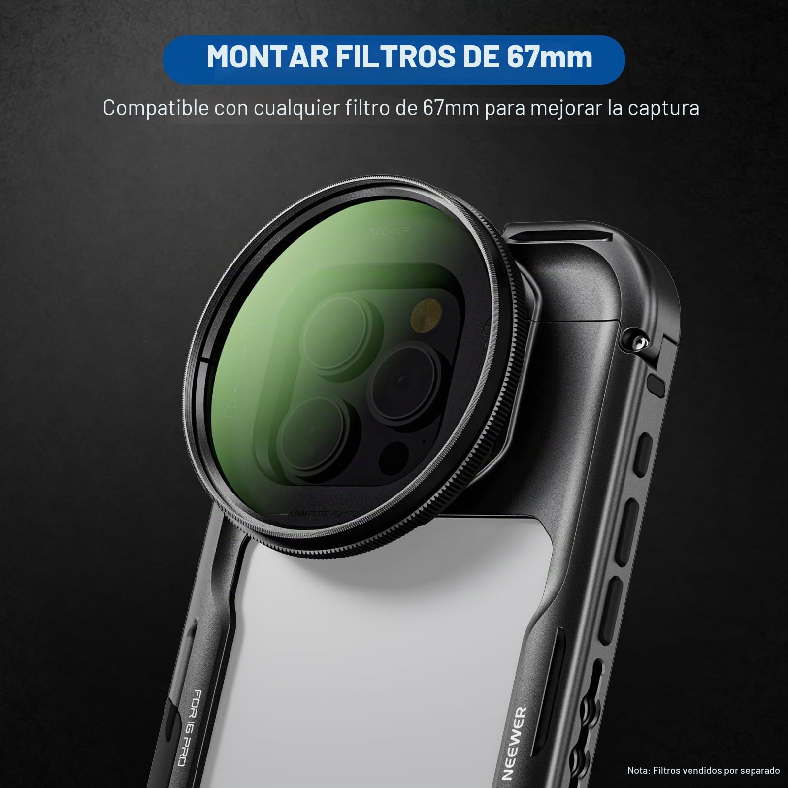 NEEWER 16 Pro Cage, estabilizador Video de teléfono Compatible con iPhone 16 Pro con Adaptador Filtro 67mm, Backplate de Lente 17 mm, Adaptador Objetivo de Montura T Compatible con Moment, PA073